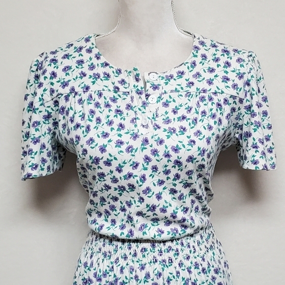 VINTAGE 80s Jordan Michaels Calico Ditsy Floral Short Sleeve Stretchy Midi Dress - Picture 5 of 15